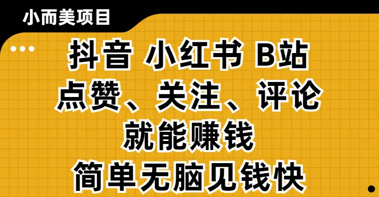 小而美的项目,抖音、小红书、B站视频点赞、关注、评论就能赚钱,简单无脑立见收益!妥妥的零撸项目