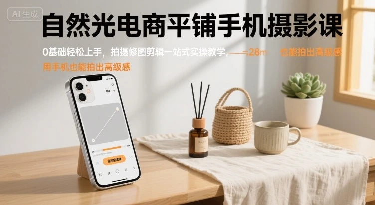 【精】自然光电商平铺手机摄影课，0基础轻松上手，拍摄修图剪辑一站式实操教学，用手机也能拍出高级感