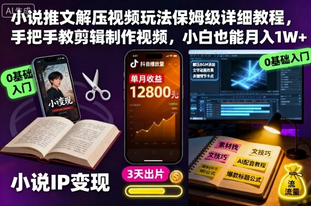 【精】小说推文解压视频玩法保姆级详细教程,手把手教剪辑制作视频,小白也能月入1W+