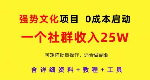 强势文化项目，一个社群收入25个W，0成本启动，可矩阵批量操作，原创详细实操教程