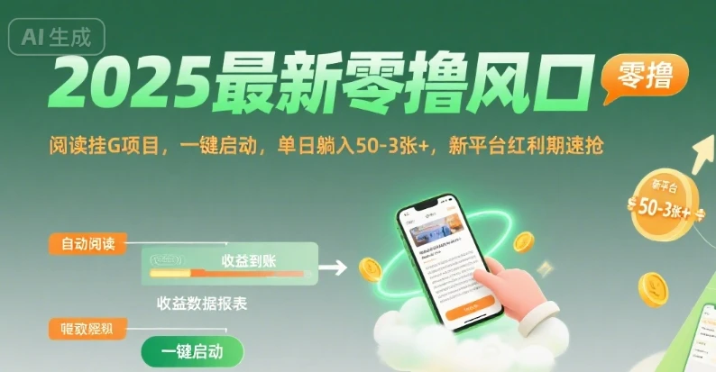 2025最新零撸风口，阅读挂G项目，一键启动，单日躺入 50-3张+，新平台红利期速抢【揭秘】