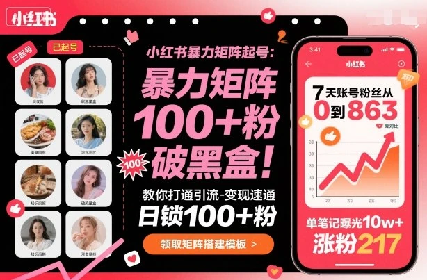 【精】小红书暴力矩阵起号，教你打通引流-变现速通，日锁100+粉，破流量黑盒