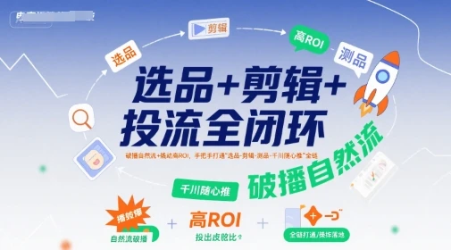 【精】选品+剪辑+投流全闭环，破播自然流+撬动高ROI，手把手打通“选品-剪辑-测品-千川随心推”全链