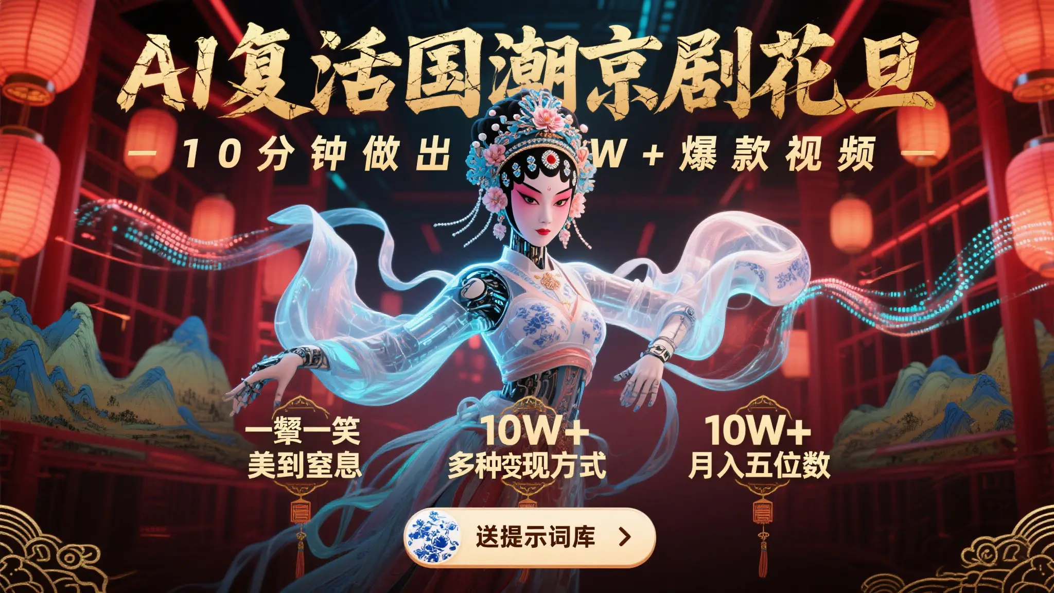 AI复活国潮京剧花旦，10分钟做出10W+爆款视频，多种变现方式，月入五位数