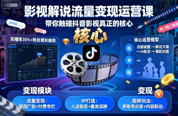 【精】影视解说流量变现运营课,带你触碰抖音影视真正的核心